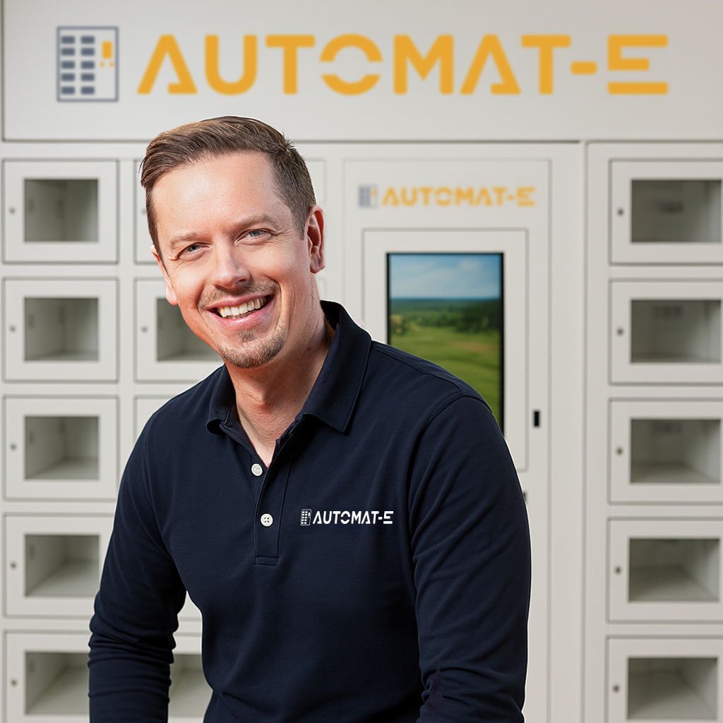 Generaldirektor von Automat-e vor einem vernetzten Schließfach